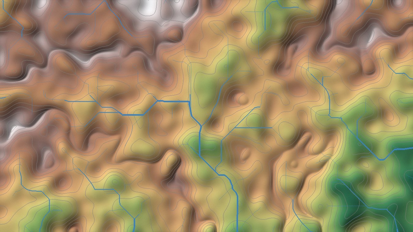 Hypsometric elevation model with contour lines and a derived stream network
